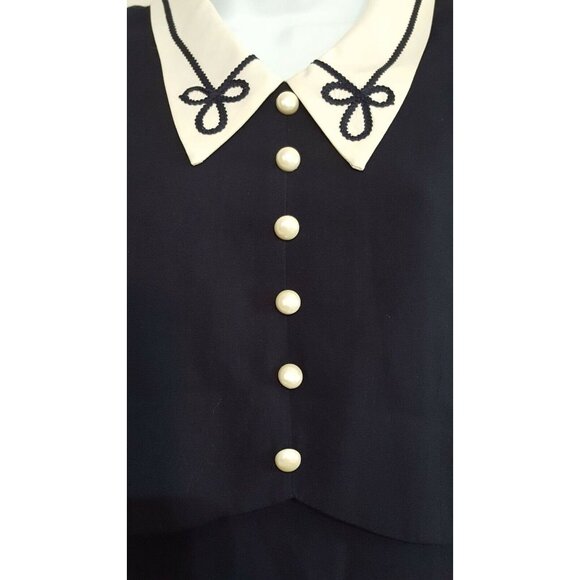 Vintage Womens Dress L Navy Blue White Piping Long Pearl Buttons Cottage core - Picture 3 of 9